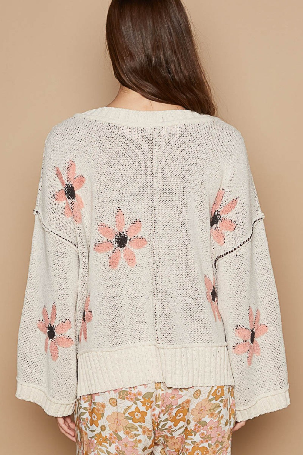 POL V-Neck Floral Pattern Chenille Sweater Orchid Unique 