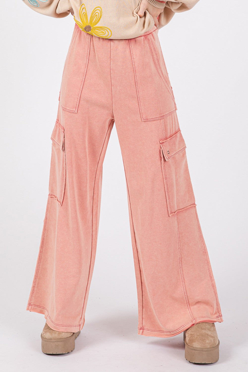 SAGE + FIG Knit Terry Mineral Wash Wide Leg Pants Orchid Unique 