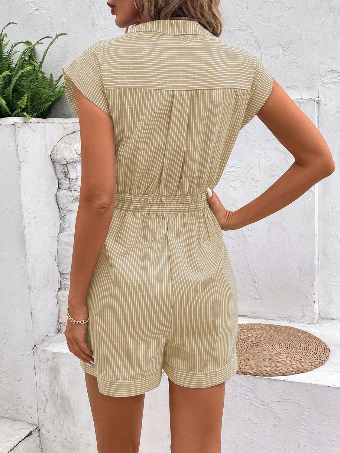 Casual Striped Romper with Notched Tie Wais Orchid Unique 