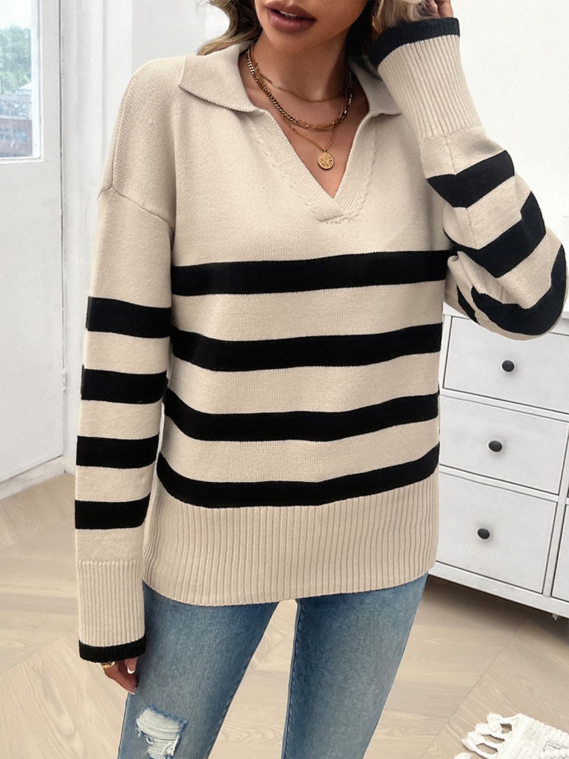 Striped Collared Neck Long Sleeve Sweater Orchid Unique 