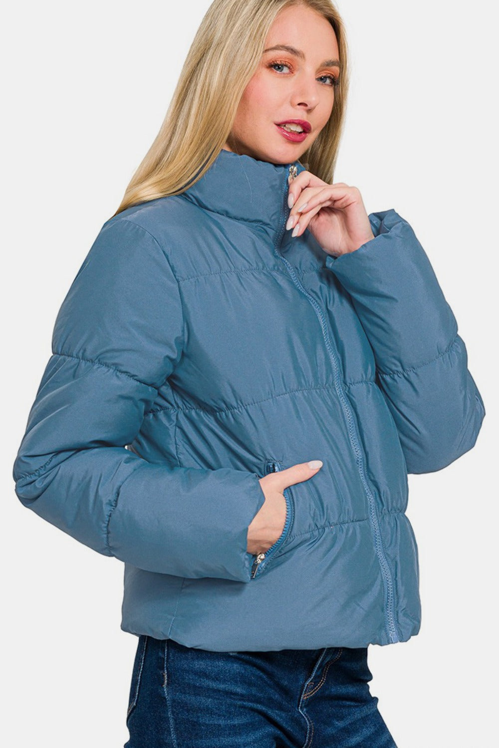 Zenana Zip Up Turtleneck Puffer Jacket with Pockets Orchid Unique 