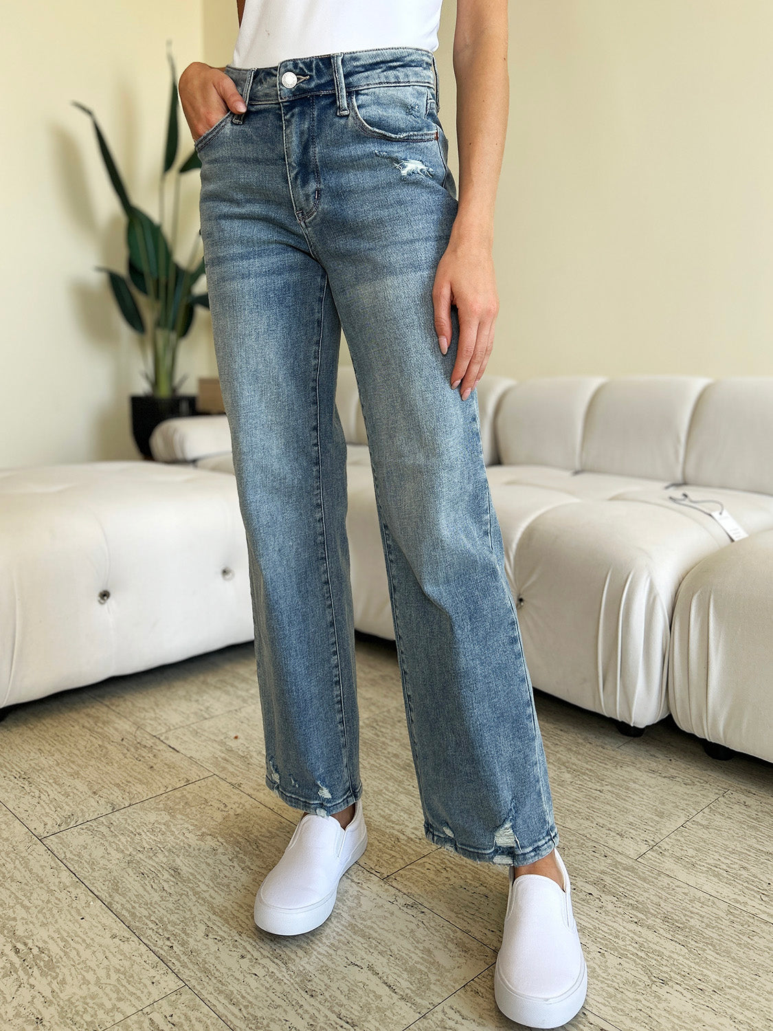 Judy Blue Full Size Mid Rise Distressed Straight Jeans Orchid Unique 