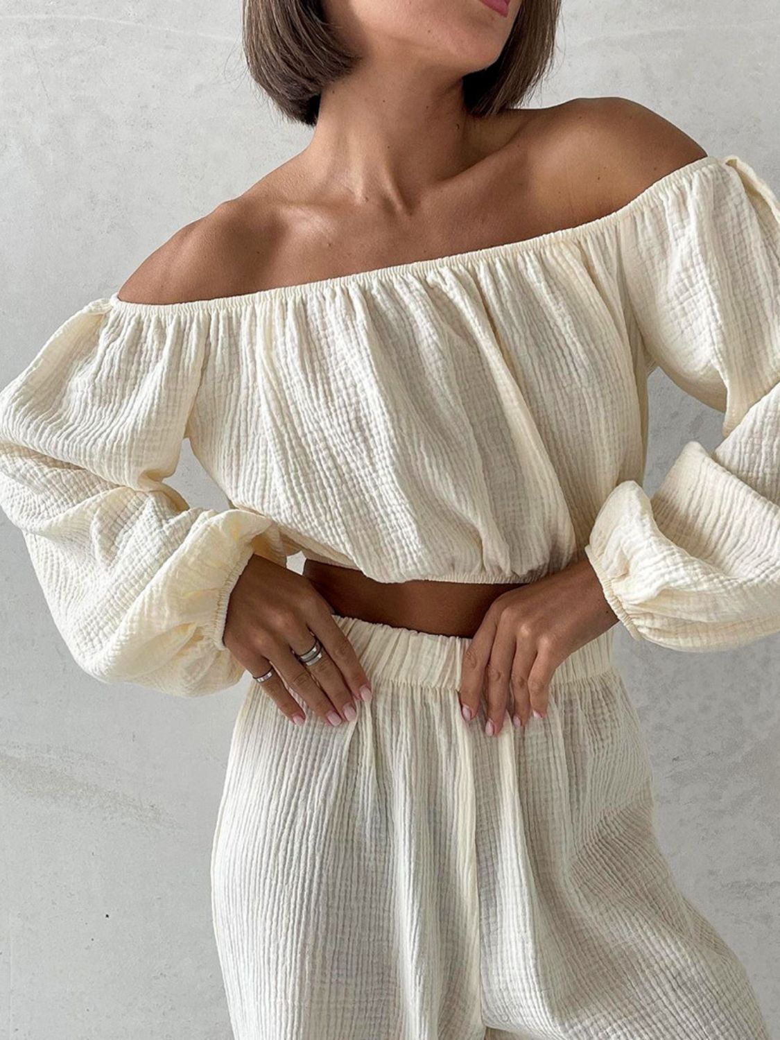 Off Shoulder Long Sleeve Top and Pants Set Orchid Unique 