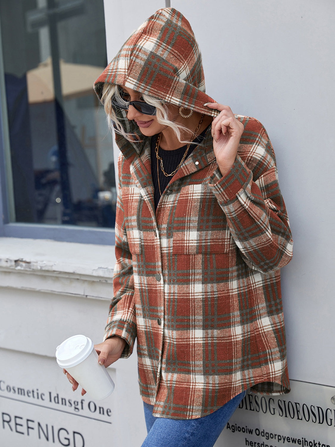 Plaid Button Up Long Sleeve Hooded Jacket Orchid Unique 