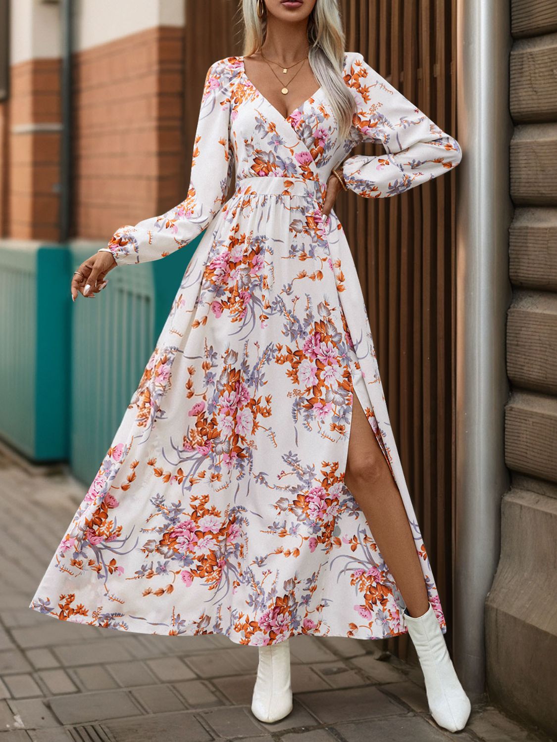 Slit Printed Surplice Long Sleeve Maxi Dress Orchid Unique 