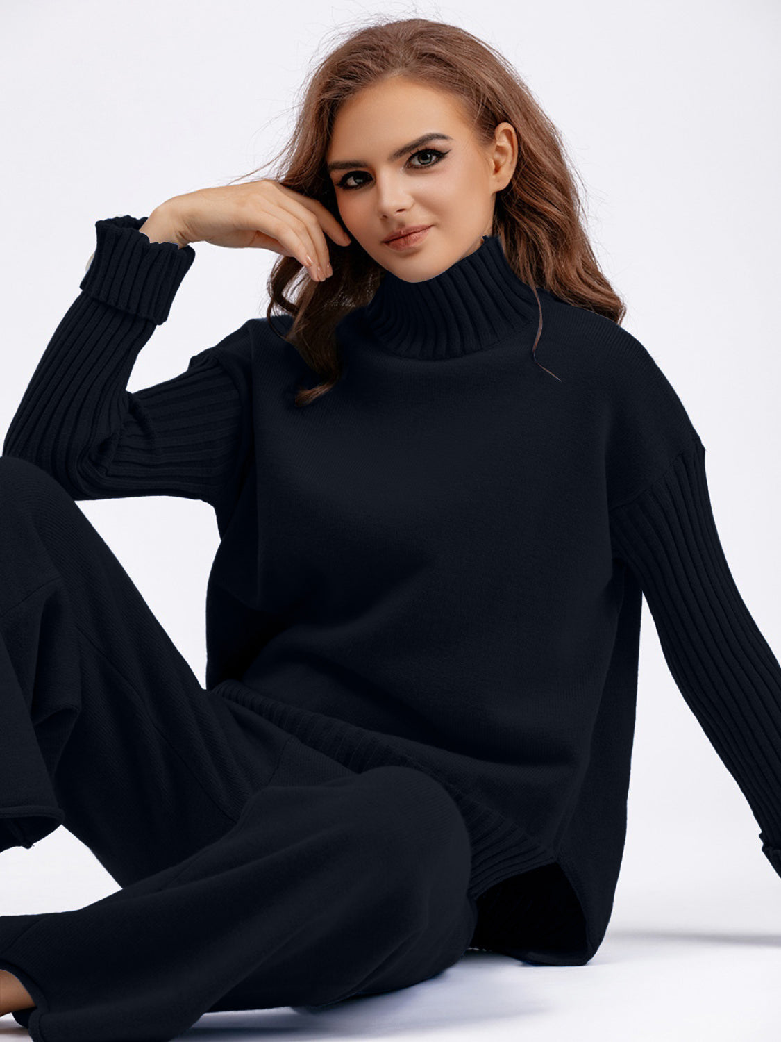 Basic Bae High- Low Turtleneck Long Sleeve Top and Pants Sweater Set Orchid Unique 