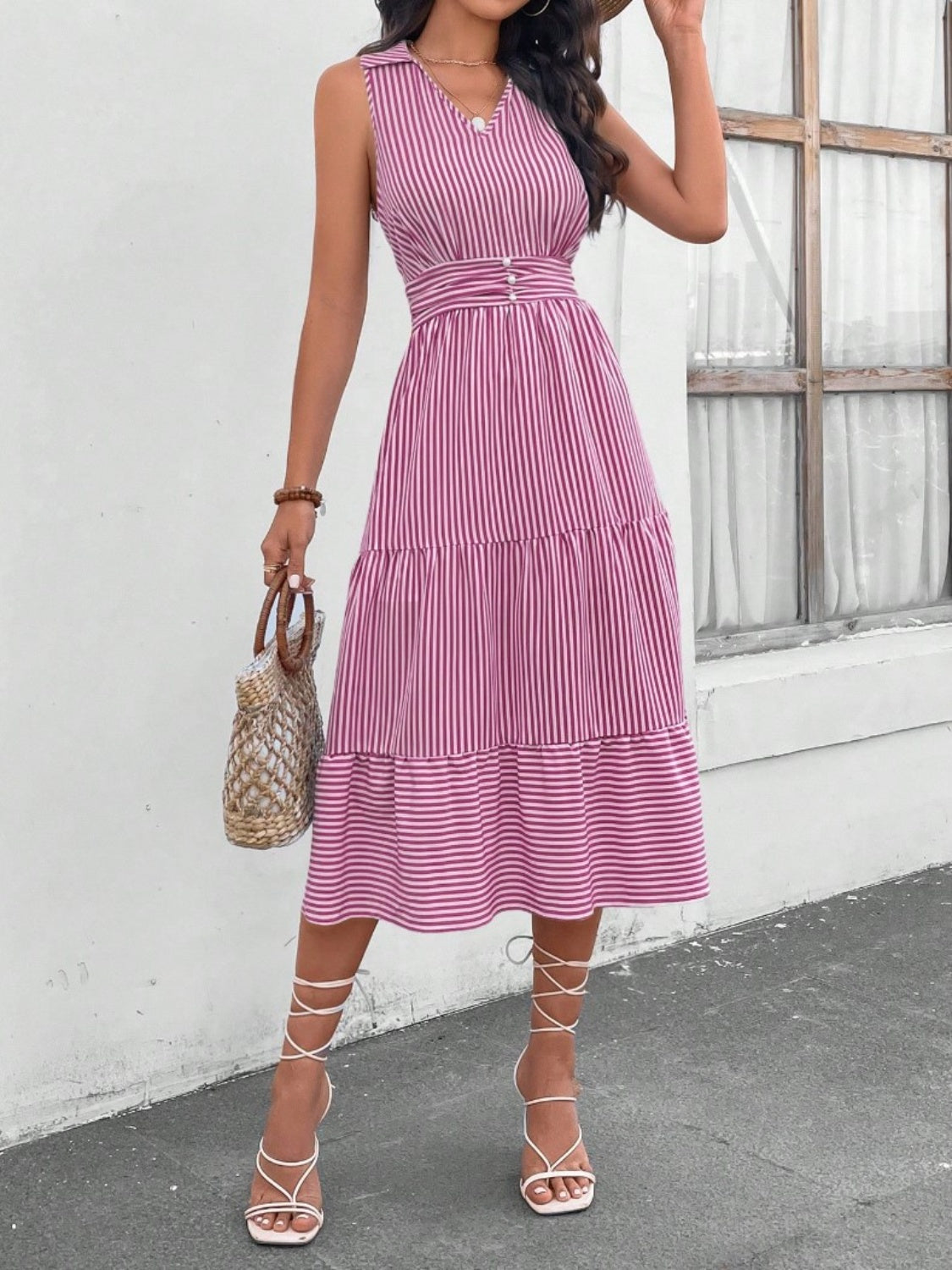 Striped Johnny Collar Sleeveless Midi Dress Orchid Unique 