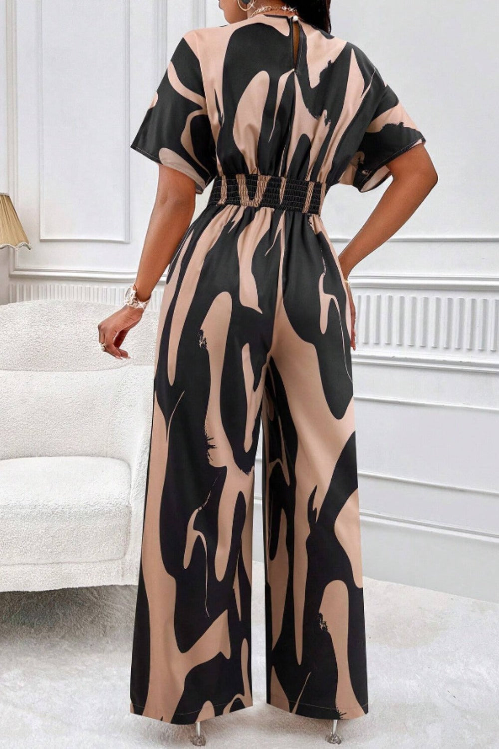 Printed V-Neck Short Sleeve Wide Leg Jumpsuit Orchid Unique 