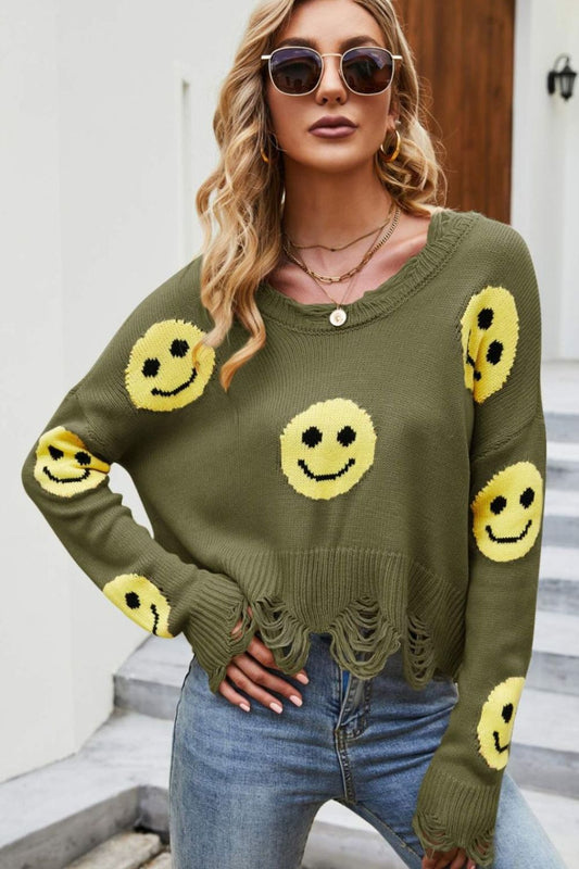 Smiley Face Distressed Round Neck Sweater Orchid Unique 