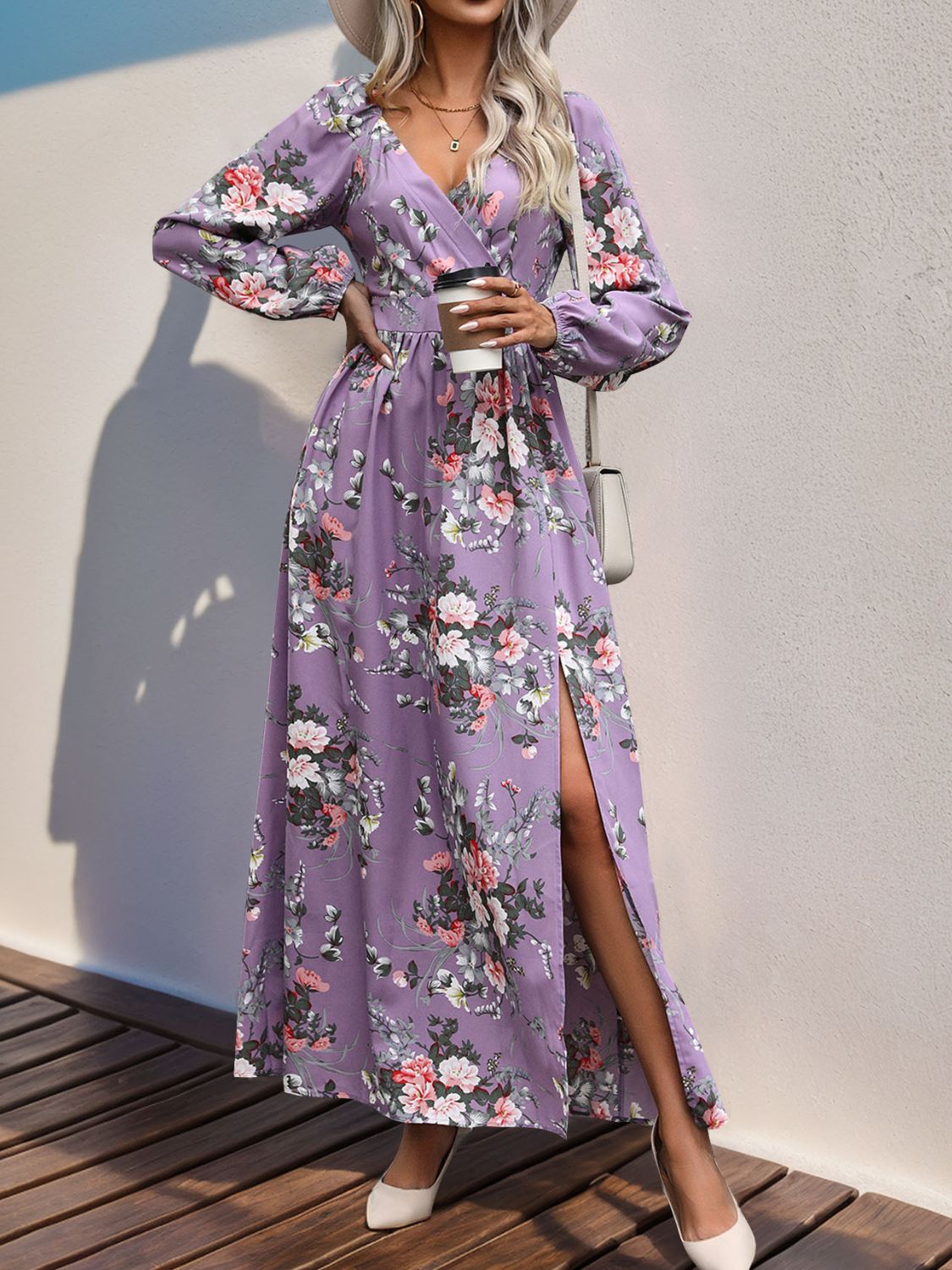 Slit Printed Surplice Long Sleeve Maxi Dress Orchid Unique 