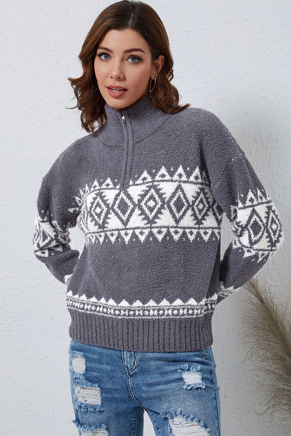 Zip-Up Geometrical Pattern Pullover Sweater Orchid Unique 