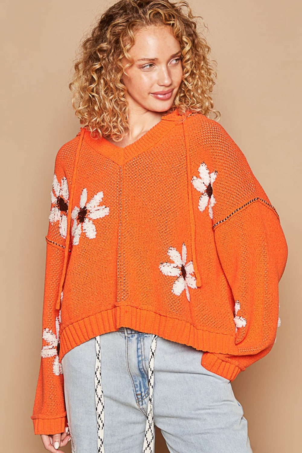 POL Floral Pattern Hooded High-Low Sweater Orchid Unique 