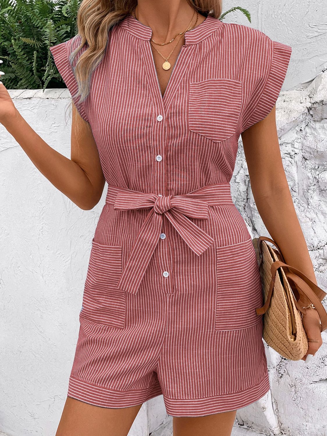 Casual Striped Romper with Notched Tie Wais Orchid Unique 