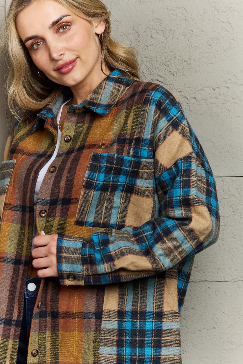 Double Take Plaid Curved Hem Shirt Jacket with Breast Pockets Orchid Unique 