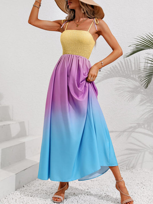 Color Block Tie Shoulder Smocked Maxi Dress Orchid Unique 