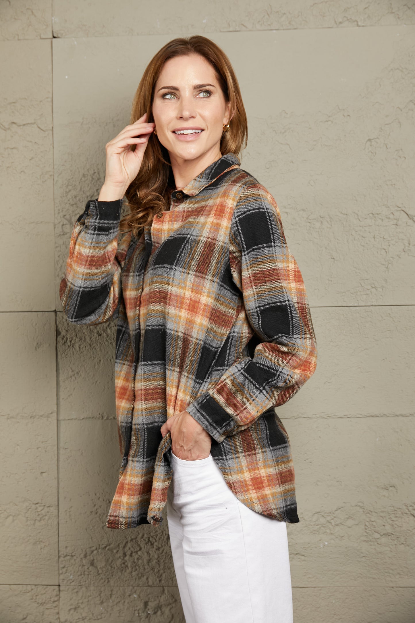 Double Take Plaid Side Slit Curved Hem Shirt Orchid Unique 