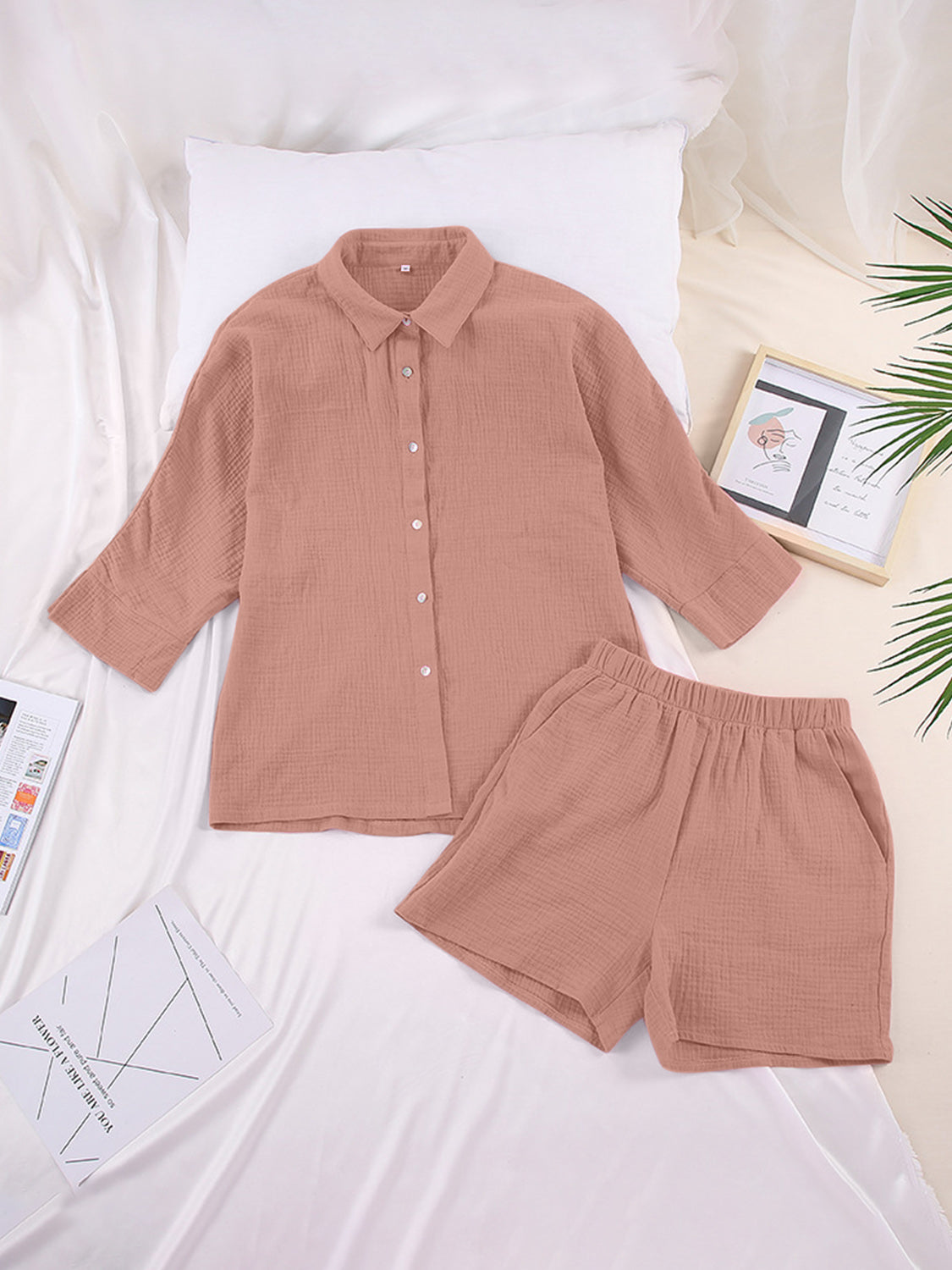 Texture Button Up Shirt and Shorts Set Orchid Unique 