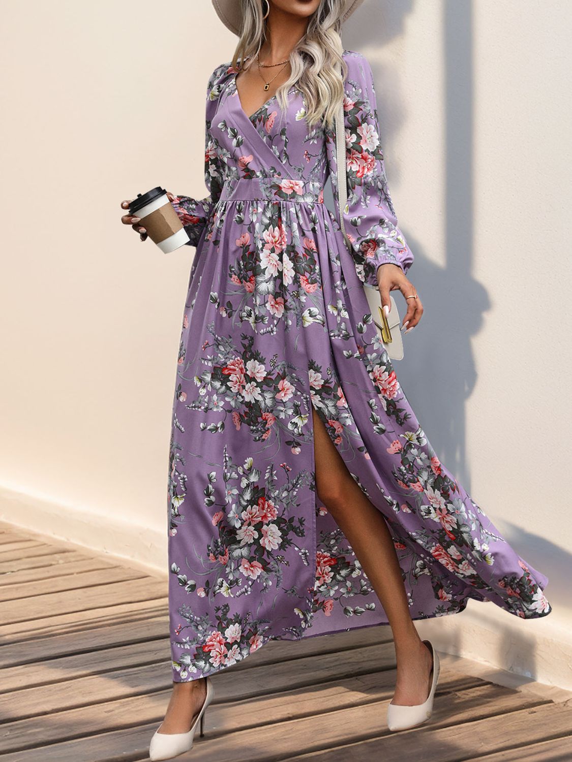 Slit Printed Surplice Long Sleeve Maxi Dress Orchid Unique 