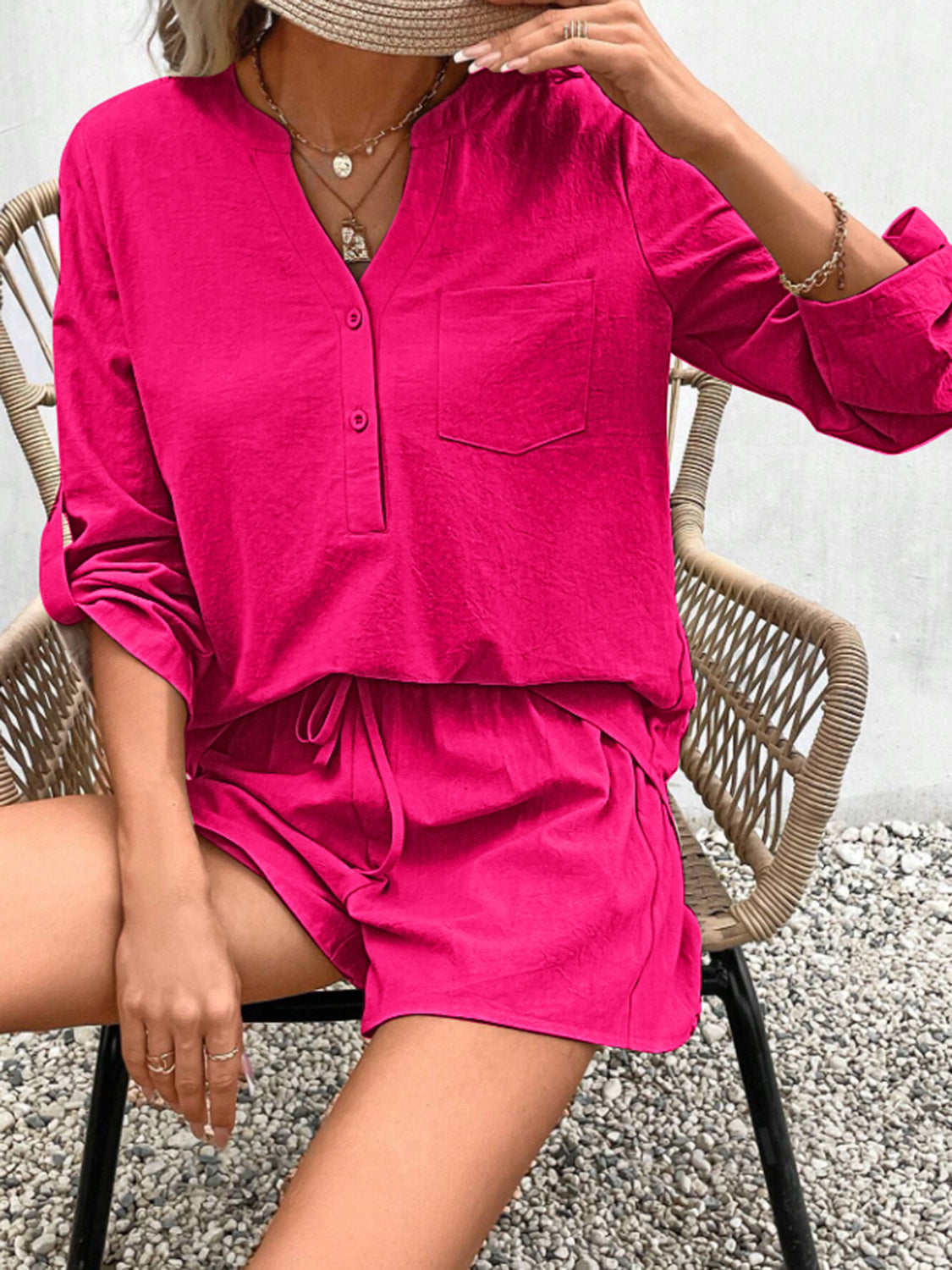 Notched Long Sleeve Top and Shorts Set Orchid Unique 