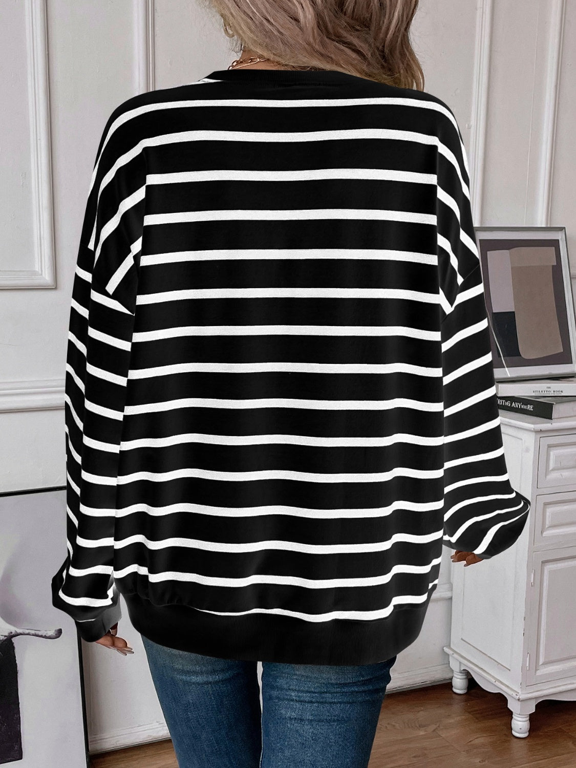 Striped Round Neck Long Sleeve Sweatshirt Orchid Unique 