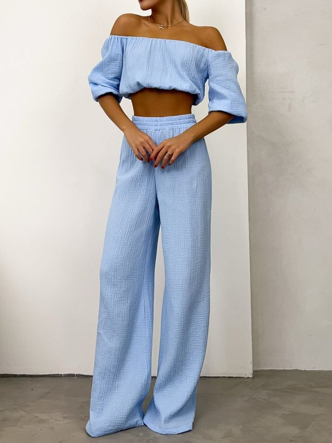 Off Shoulder Long Sleeve Top and Pants Set Orchid Unique 