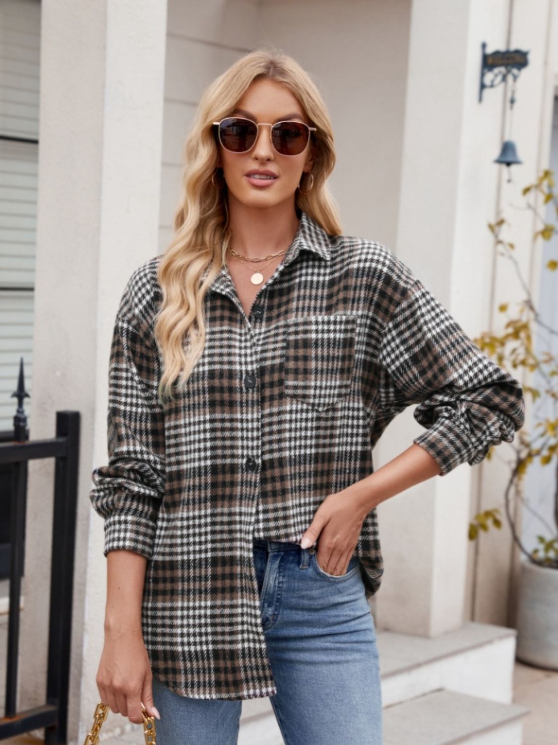 Pocketed Plaid Collared Neck Long Sleeve Shirt Orchid Unique 