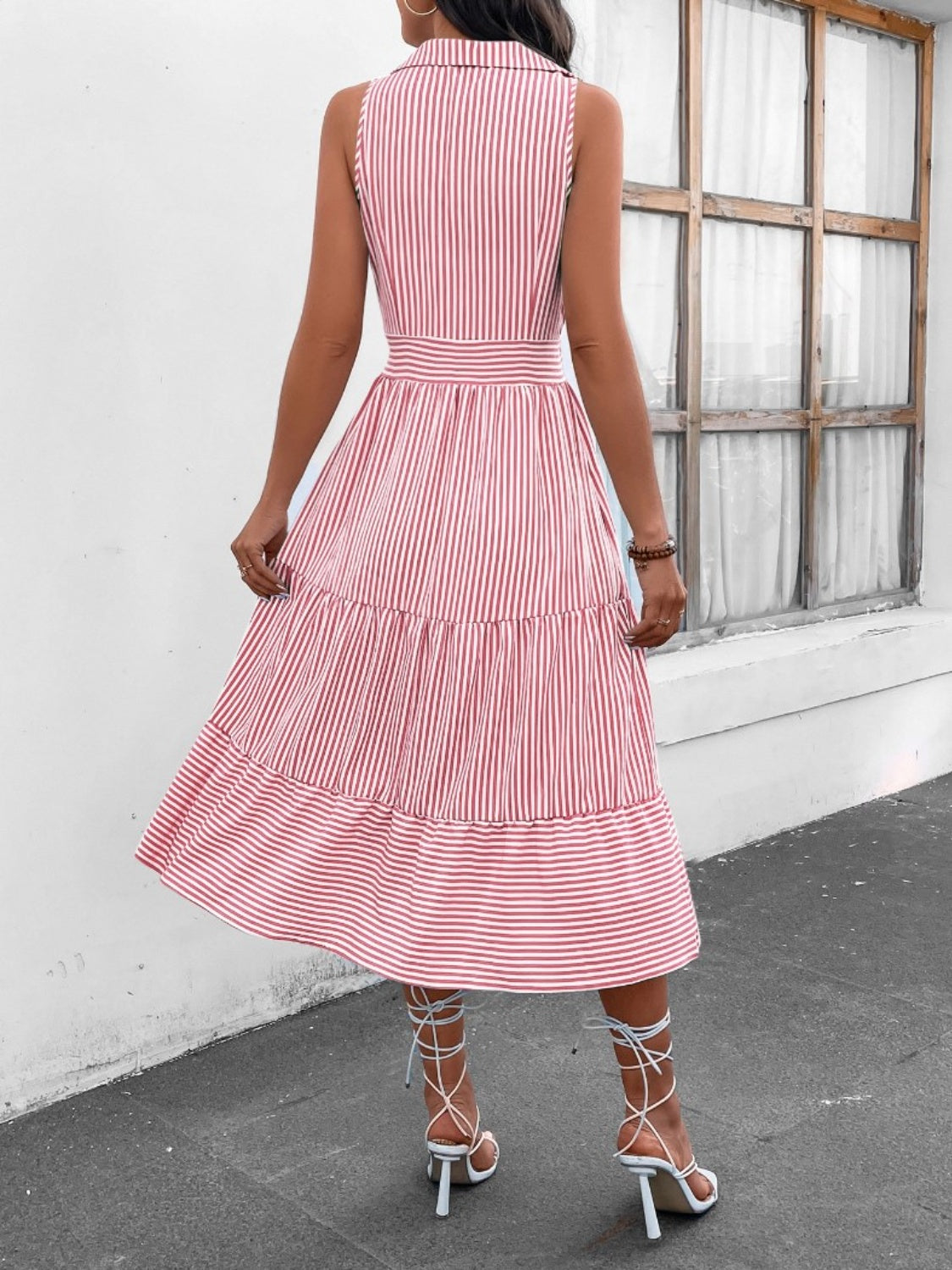 Striped Johnny Collar Sleeveless Midi Dress Orchid Unique 