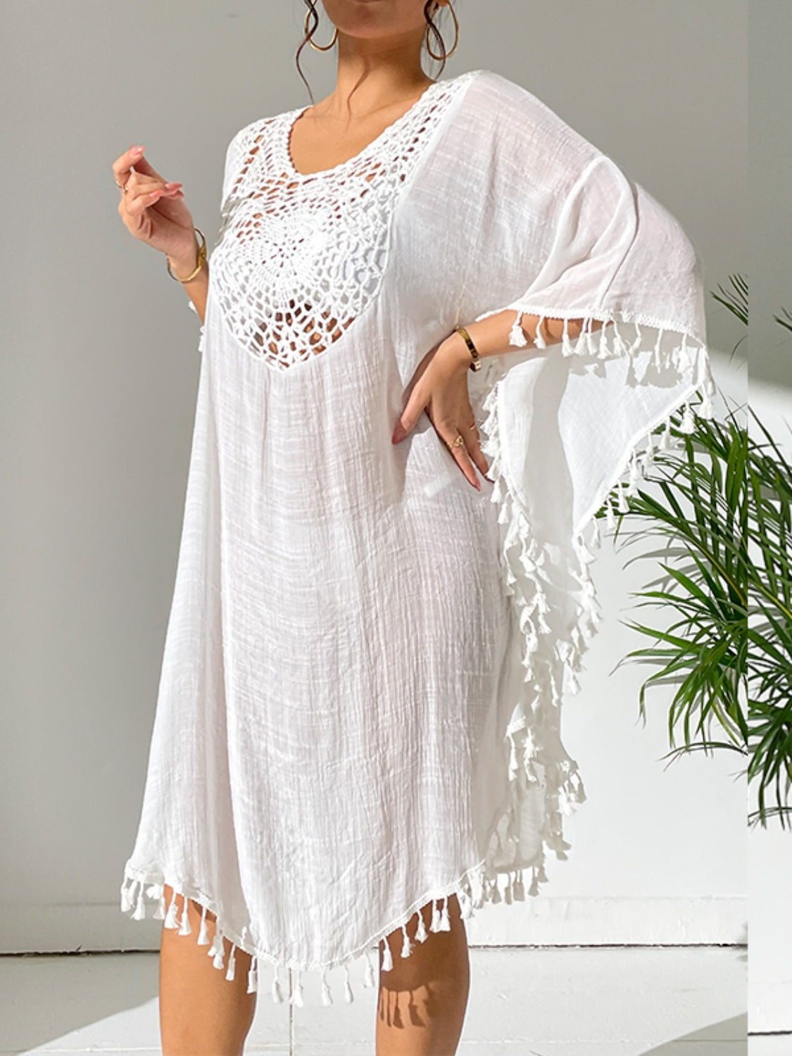 Tassel Cutout Scoop Neck Cover-Up Dress Orchid Unique 