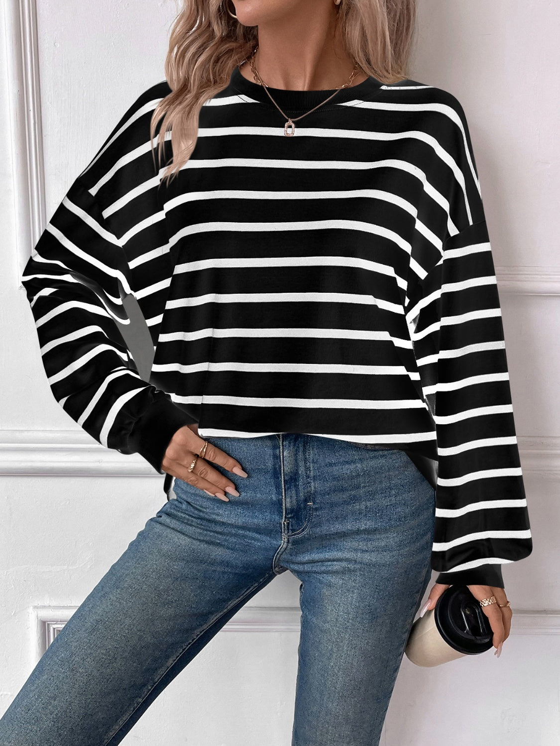 Striped Round Neck Long Sleeve Sweatshirt Orchid Unique 