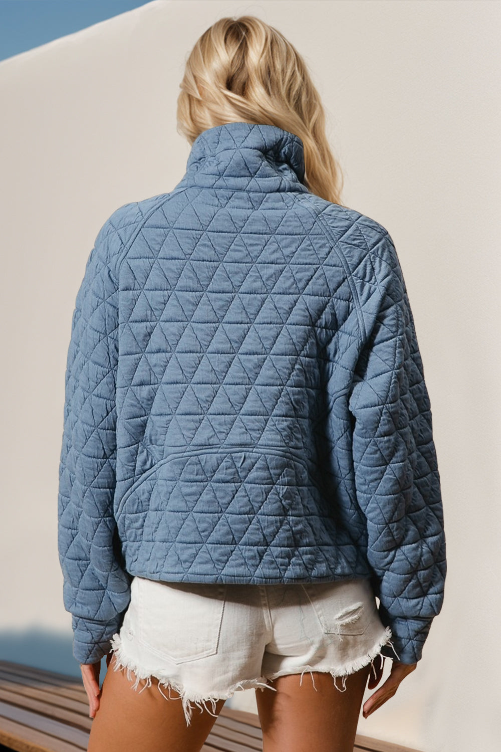 Double Take Half Zip Long Sleeve Quilted Sweatshirt with Pocket Orchid Unique 