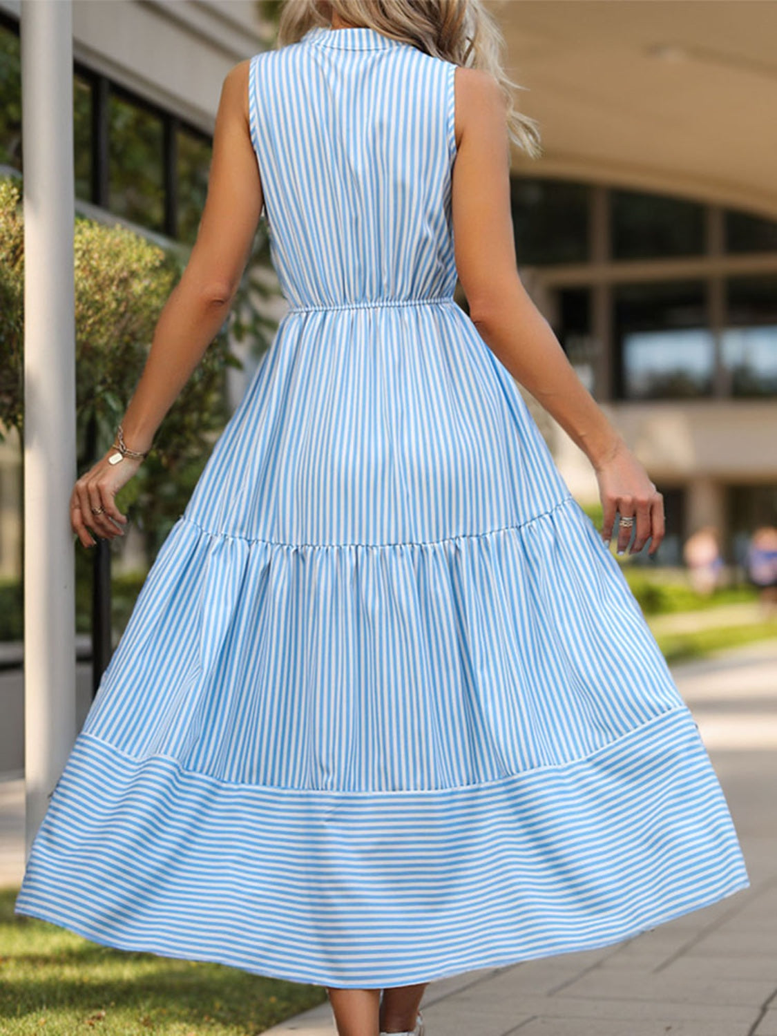 Striped Notched Sleeveless Midi Dress Orchid Unique 