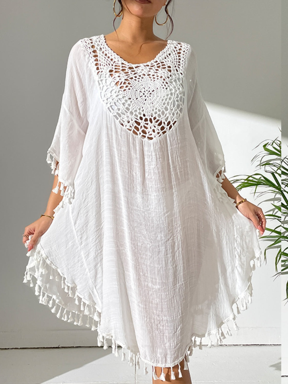 Tassel Cutout Scoop Neck Cover-Up Dress Orchid Unique 