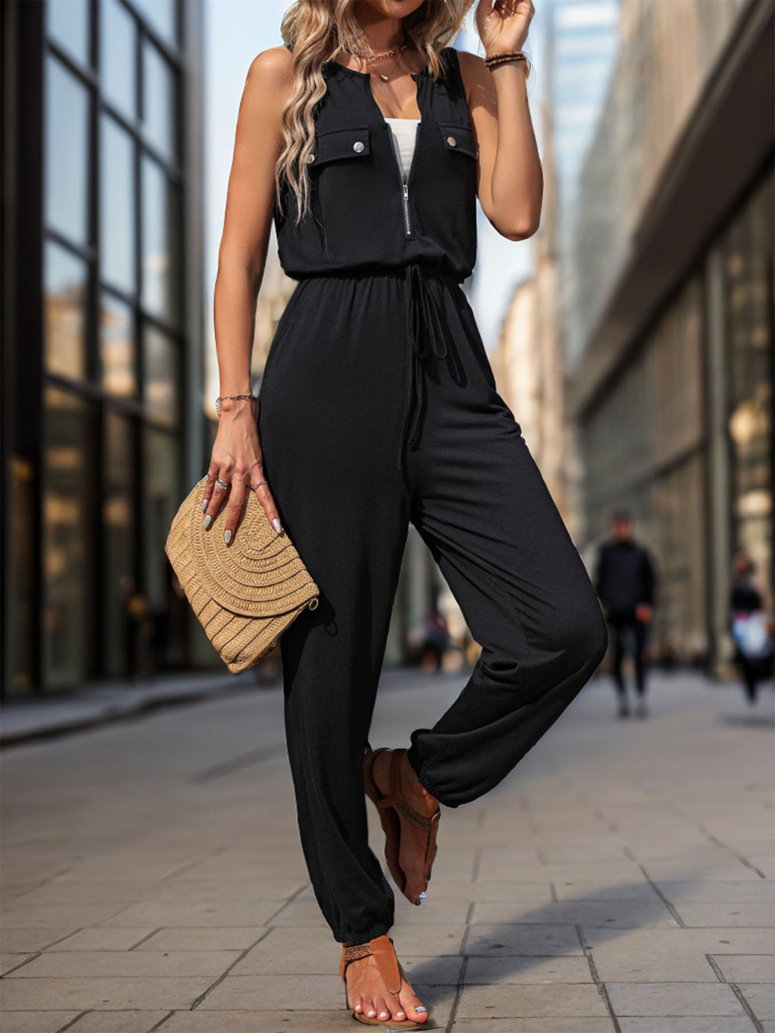 Half Zip Sleeveless Jumpsuit with Pockets Orchid Unique 