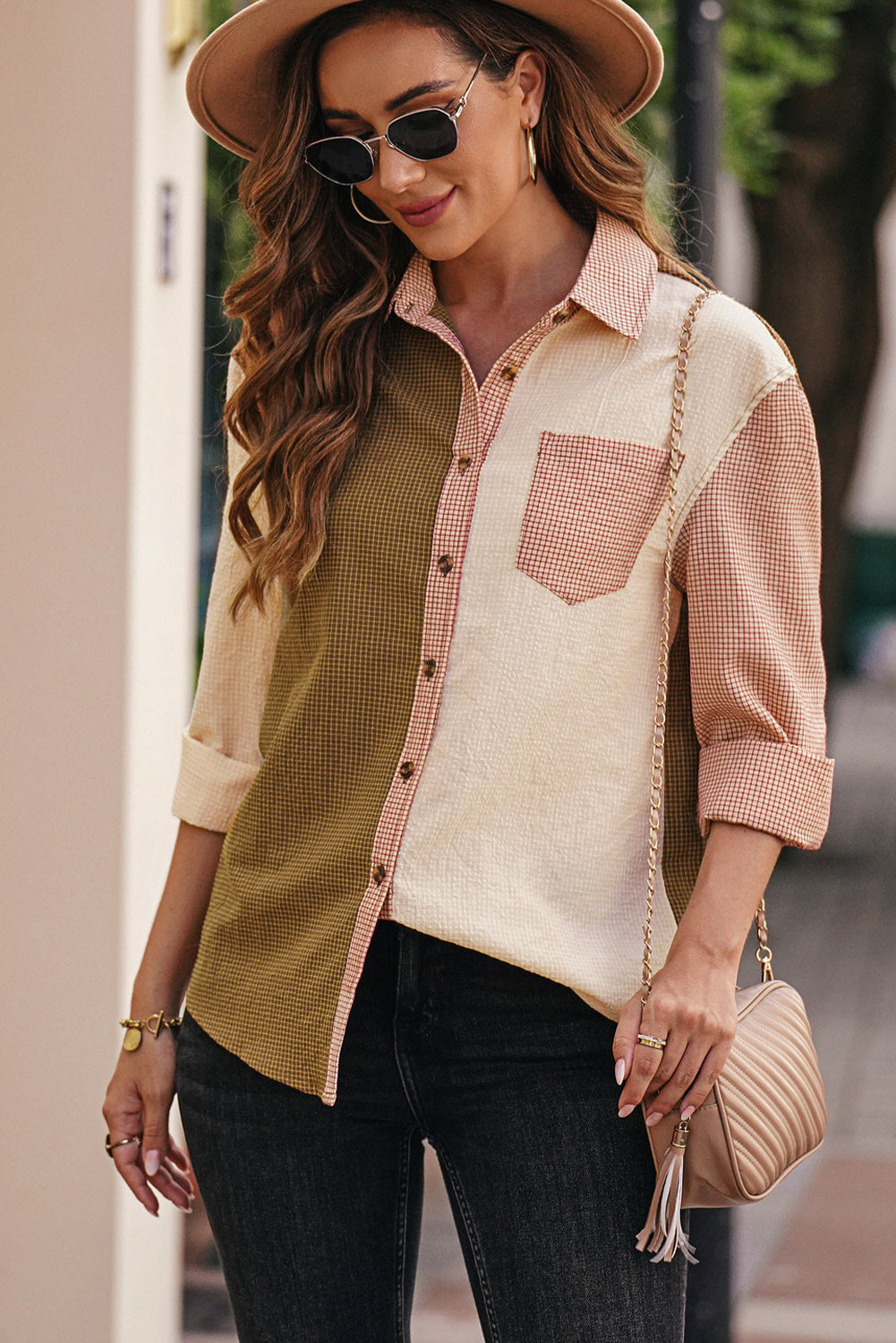 Grid Color Block Button-Up Shirt Orchid Unique 