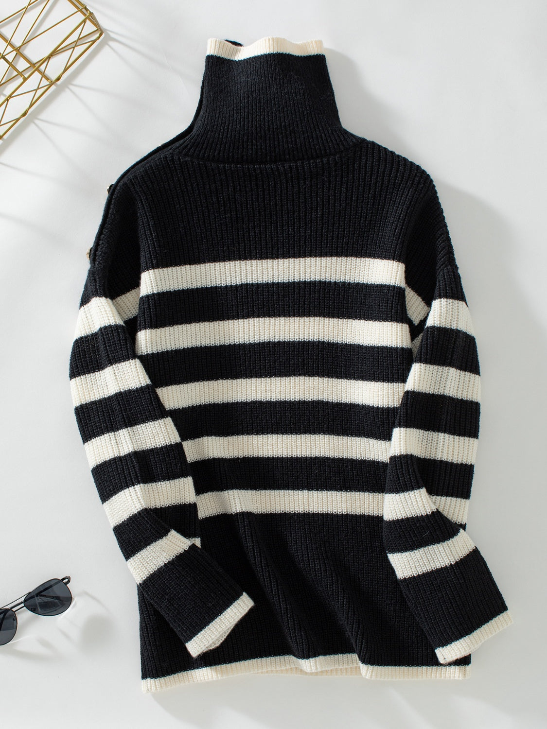 Buttoned Striped Long Sleeve Sweater Orchid Unique 