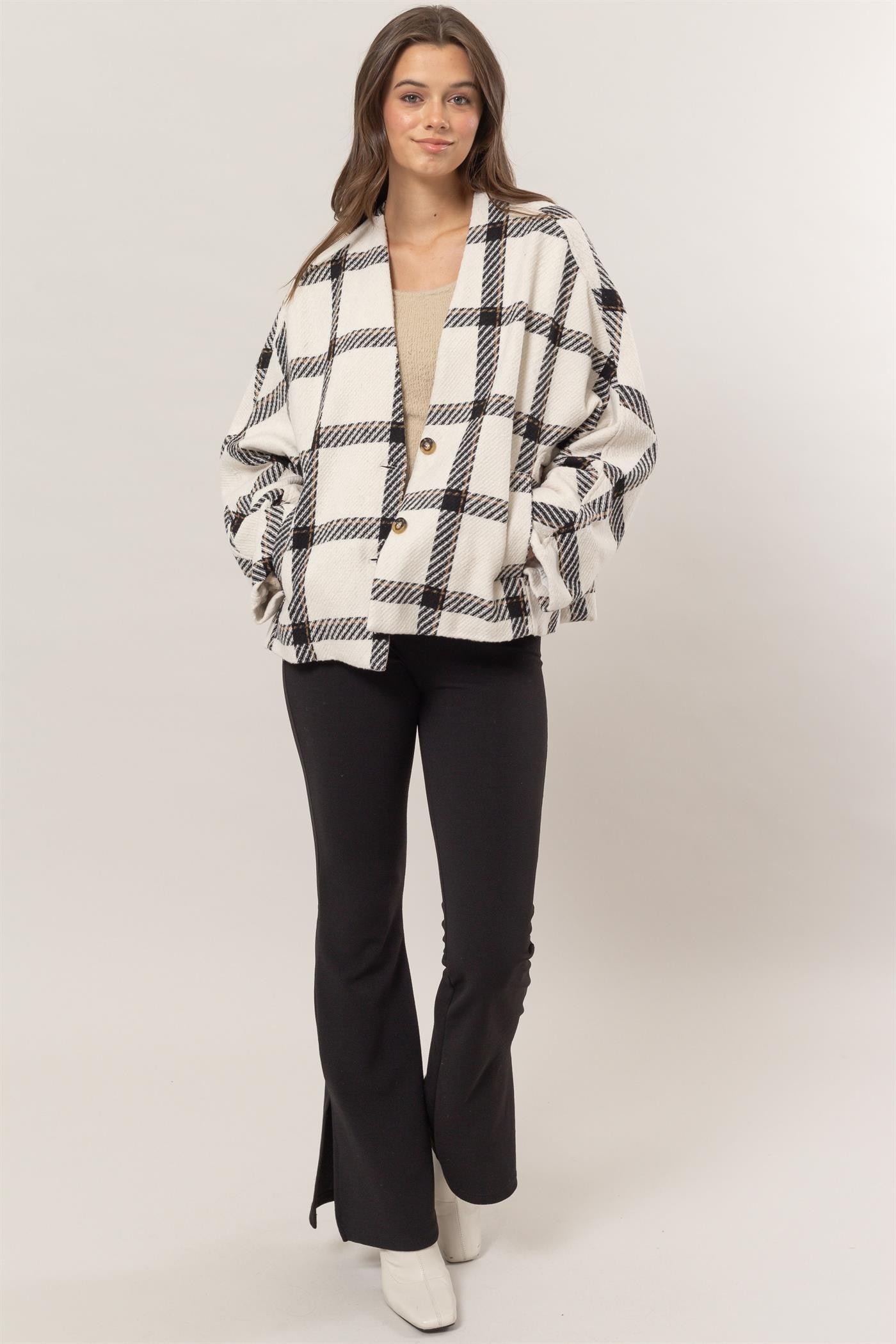 HYFVE Plaid Long Sleeve Jacket with Side Slit Pockets Orchid Unique 