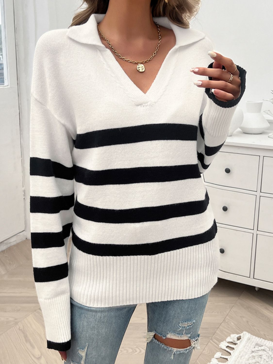 Striped Collared Neck Long Sleeve Sweater Orchid Unique 