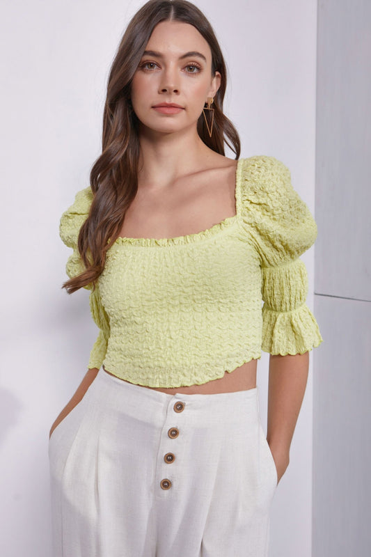 Mustard Seed Crinkle Texture Puff Sleeve Crop Top Orchid Unique 