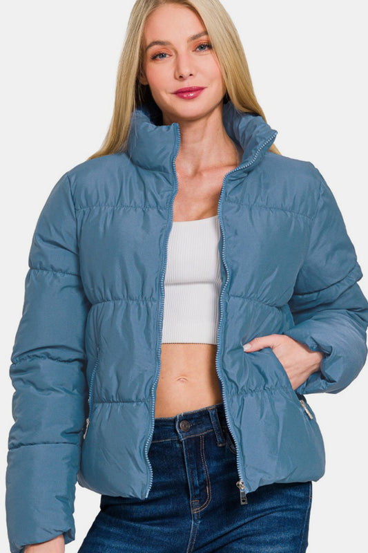 Zenana Zip Up Turtleneck Puffer Jacket with Pockets Orchid Unique 