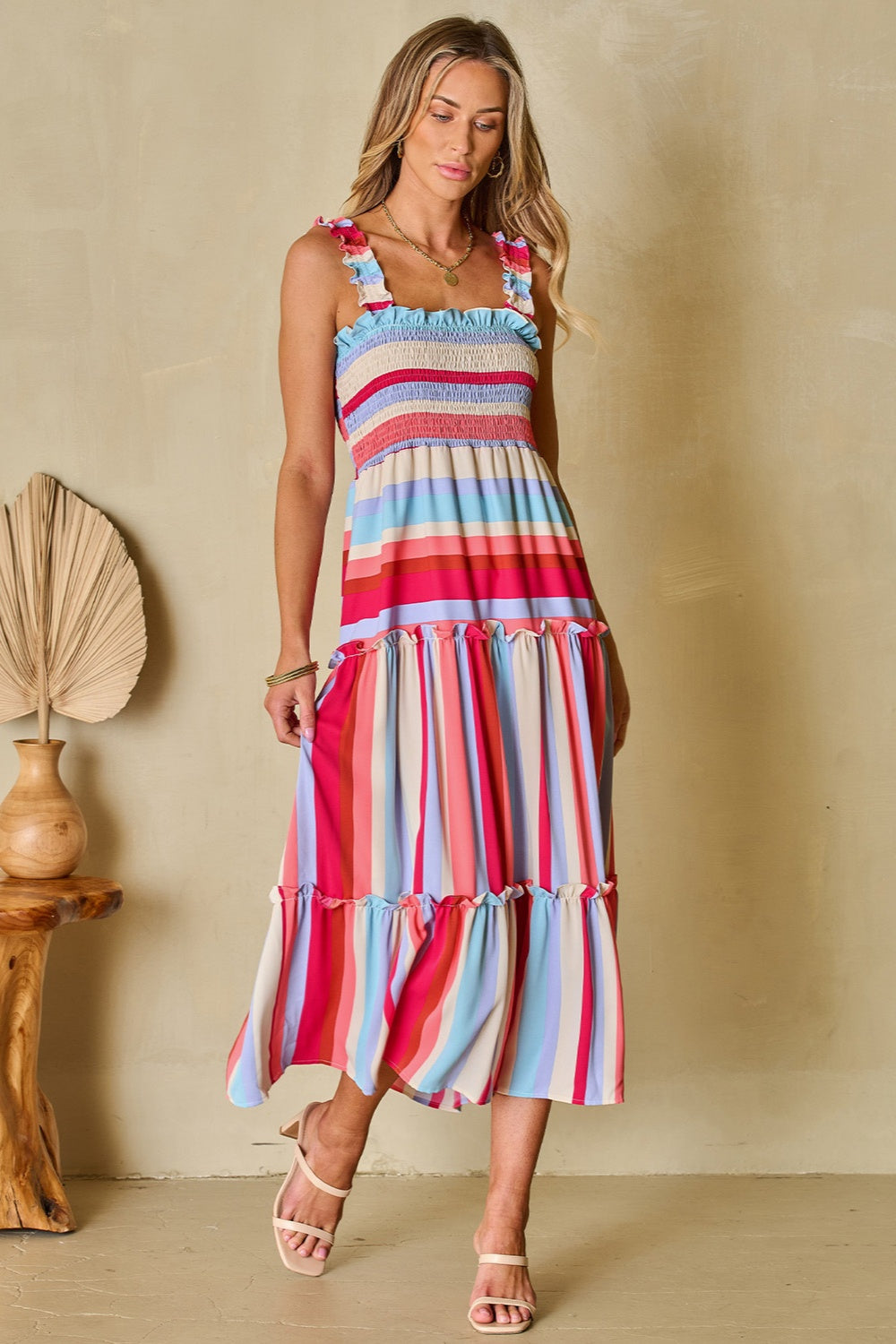 Striped Frill Smocked Tiered Midi Dress Orchid Unique 