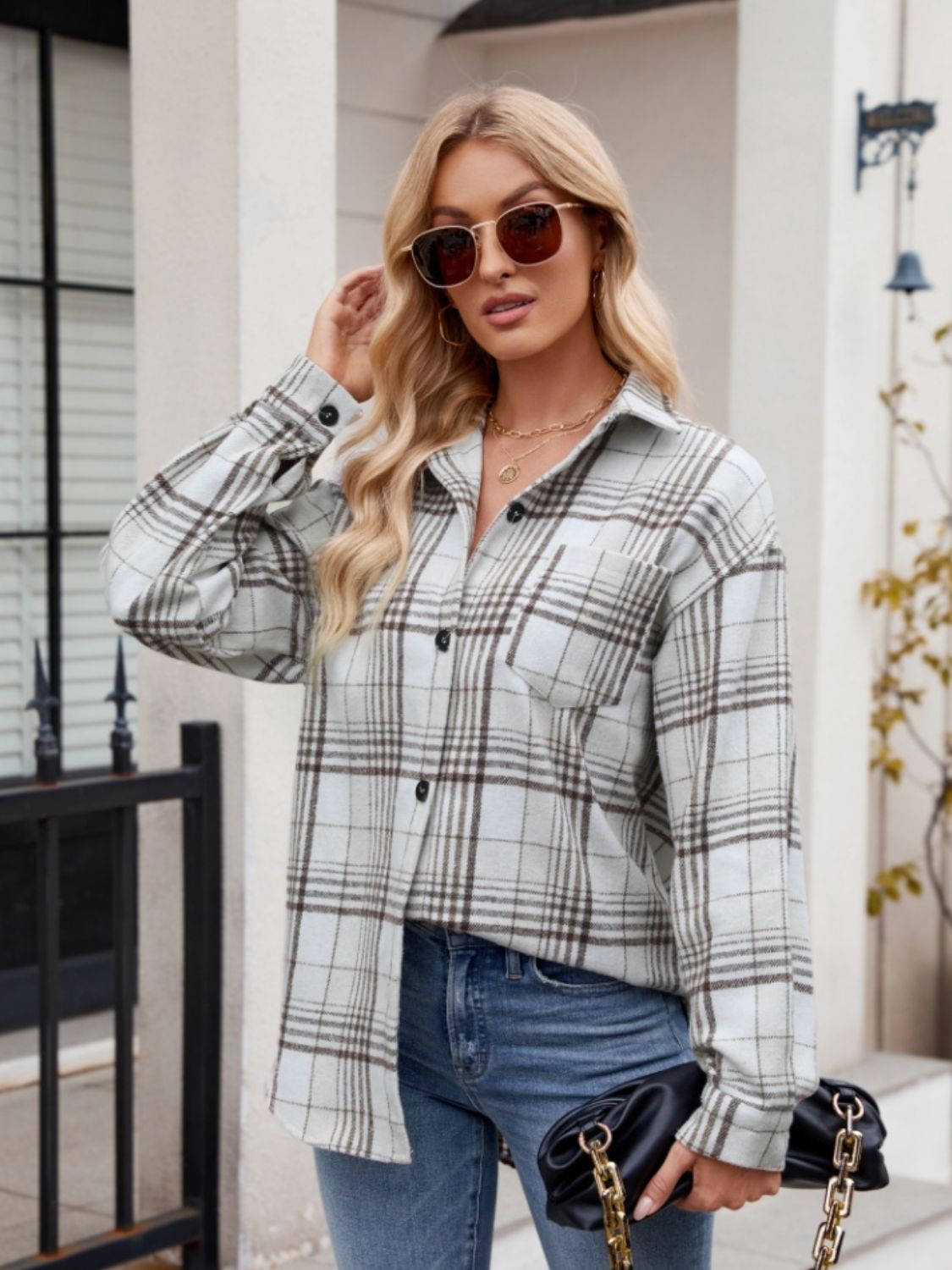 Pocketed Plaid Collared Neck Long Sleeve Shirt Orchid Unique 