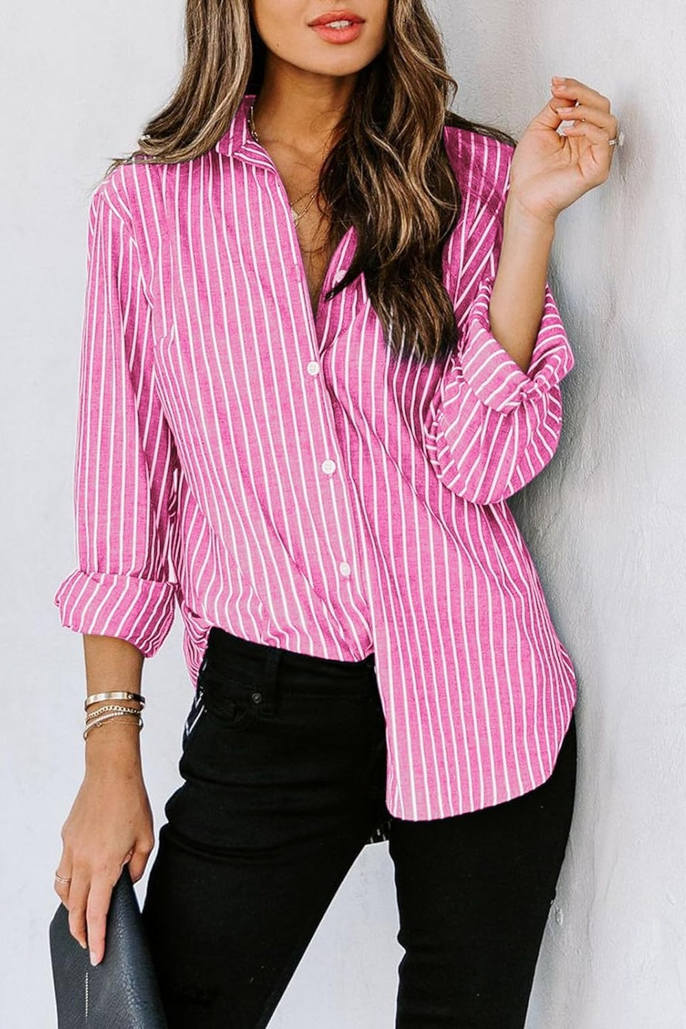 Striped Button Up Long Sleeve Shirt Orchid Unique 