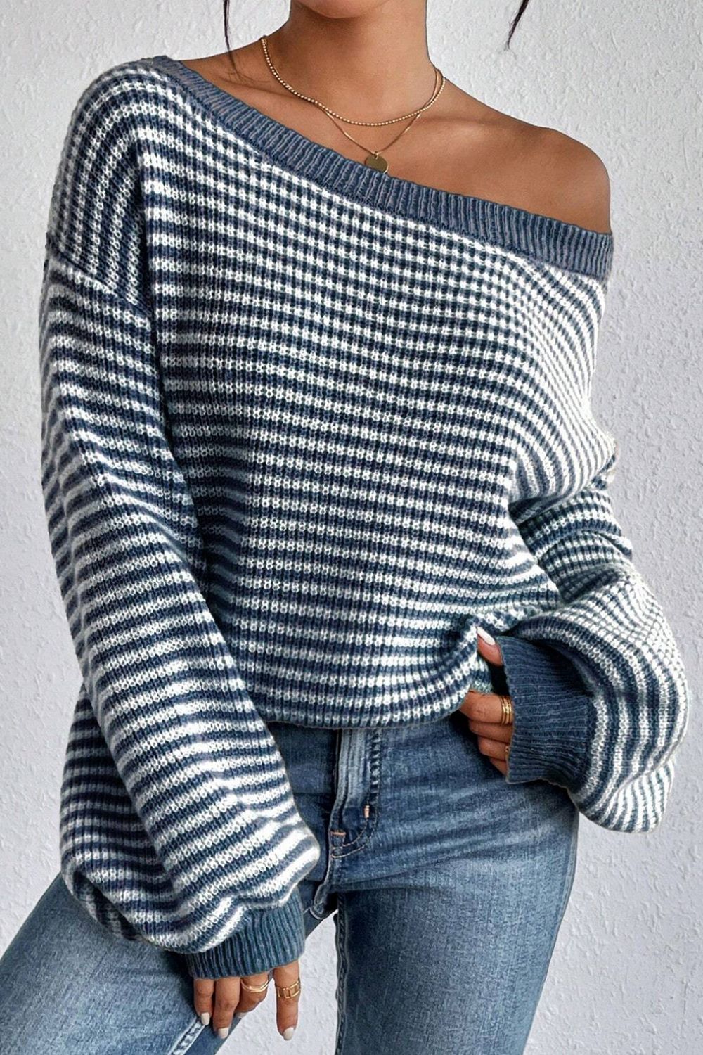 Striped Boat Neck Long Sleeve Sweater Orchid Unique 