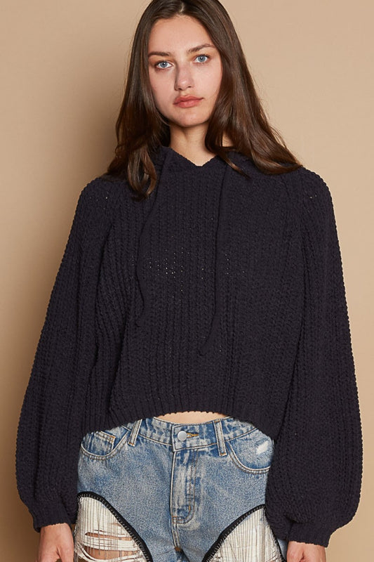 POL Back Open Slit Balloon Sleeve Crop Hooded Sweater Orchid Unique 