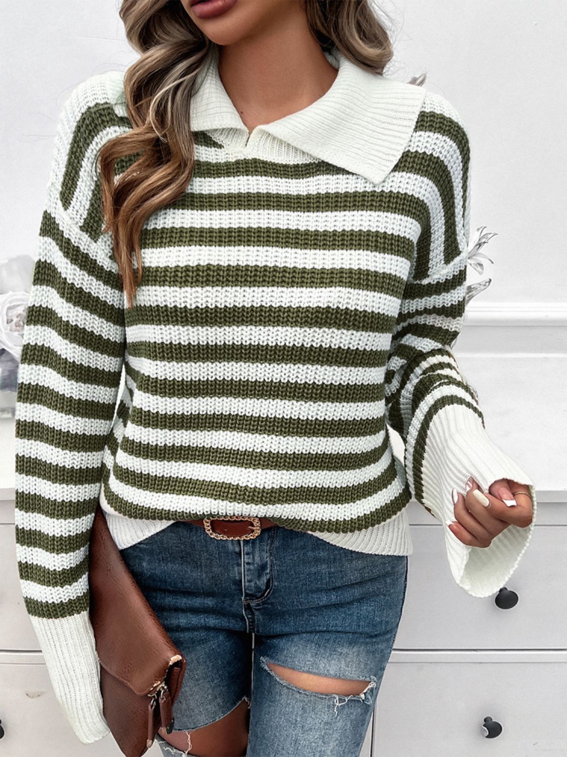 Striped Collared Neck Long Sleeve Sweater Orchid Unique 