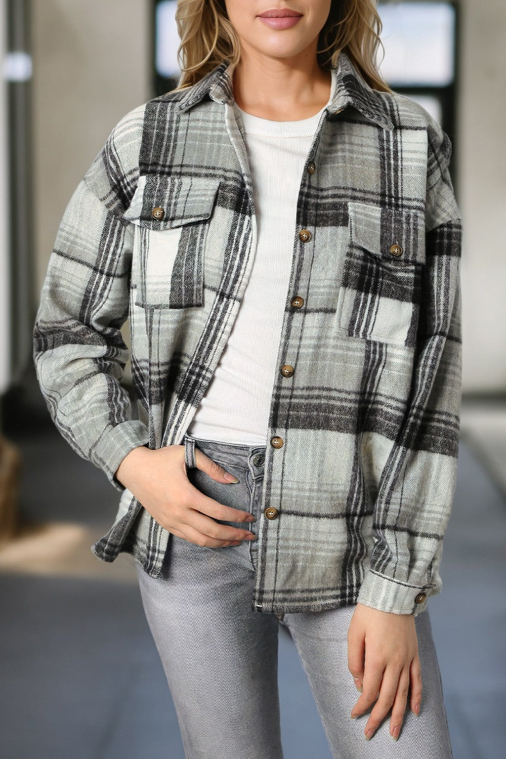 Double Take Plaid Dropped Shoulder Shacket Orchid Unique 