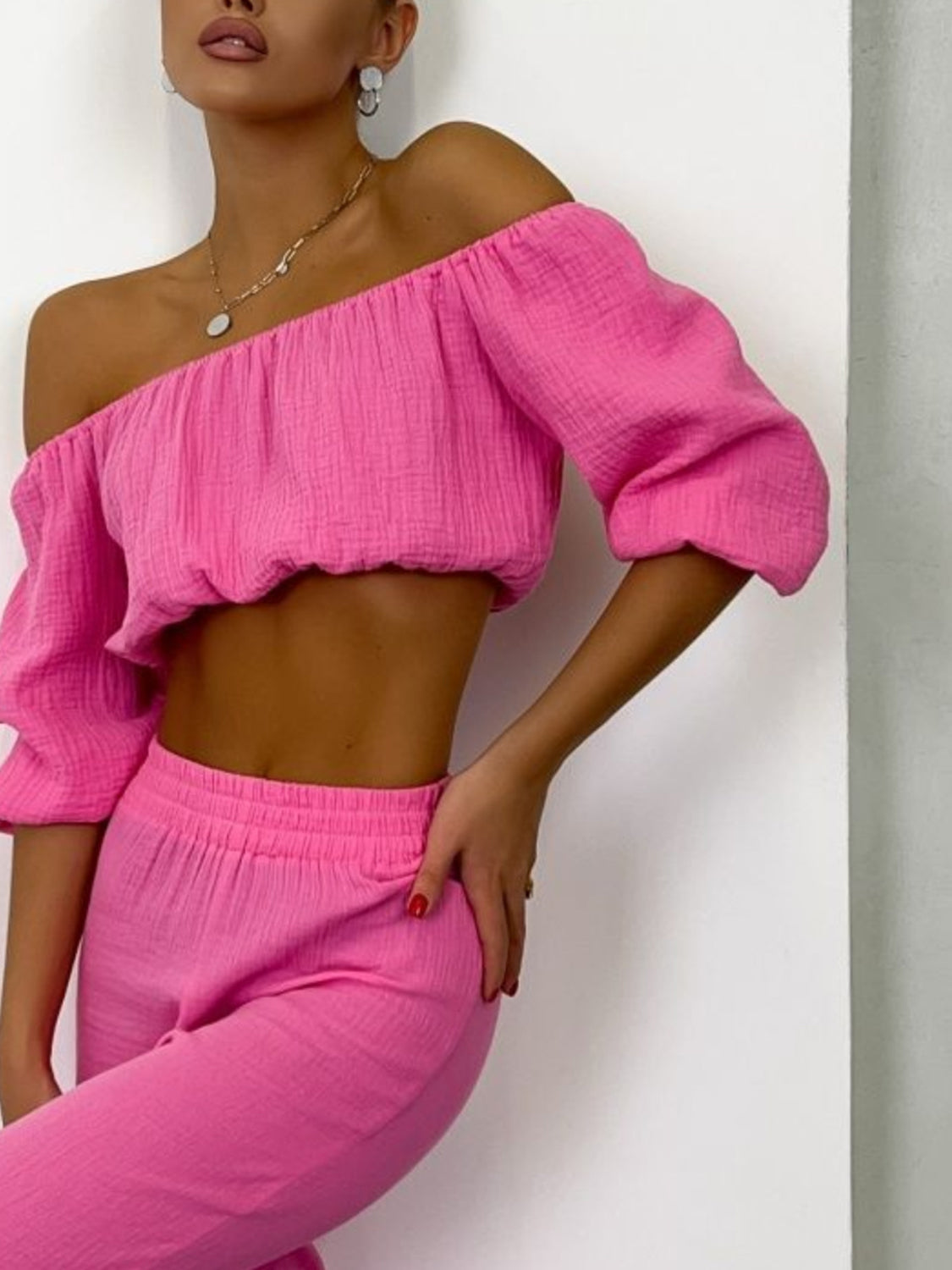 Off Shoulder Long Sleeve Top and Pants Set Orchid Unique 