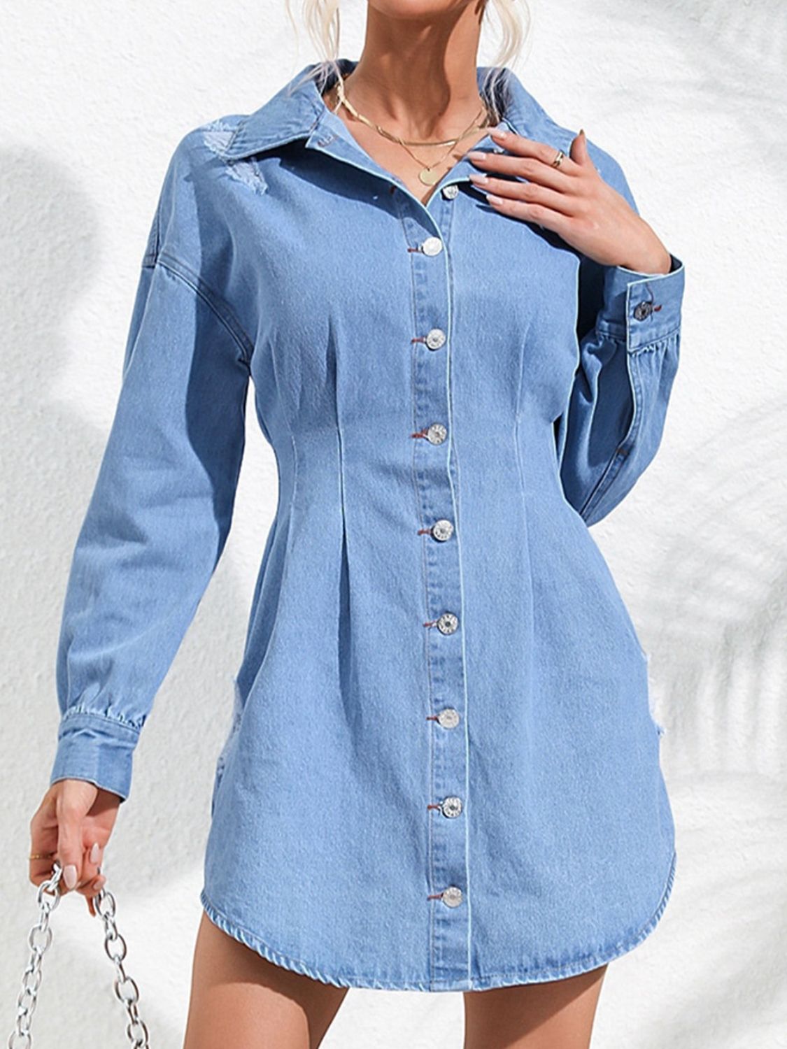 Distressed Button Up Long Sleeve Denim Dress Orchid Unique 