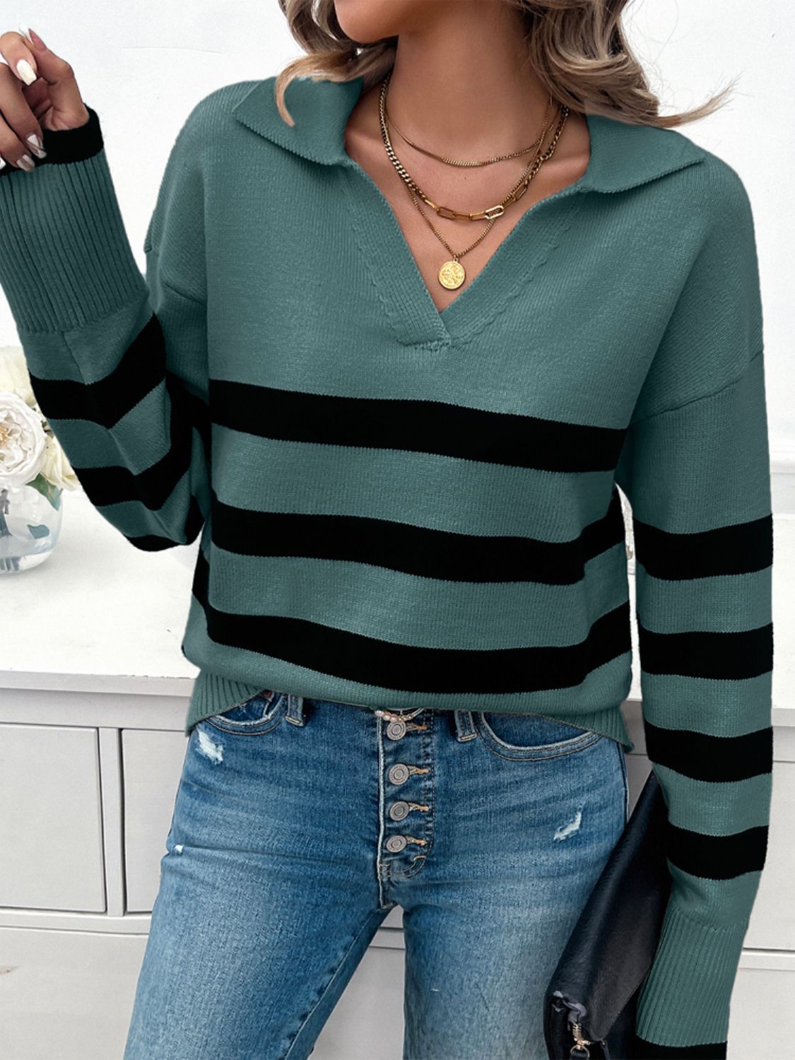 Striped Collared Neck Long Sleeve Sweater Orchid Unique 