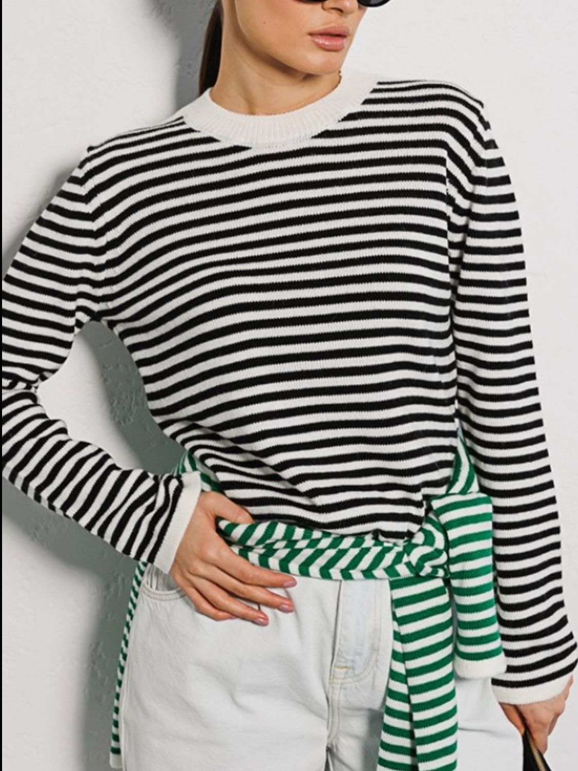 Striped Round Neck Long Sleeve Sweater Orchid Unique 